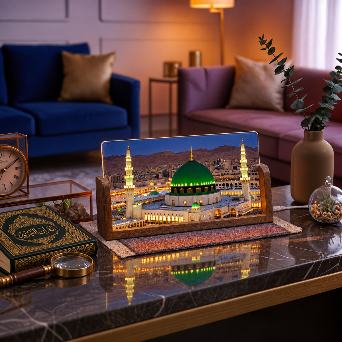 Sacred Madina Sharif Acrylic LED Table Lamp - Wooden Stand
