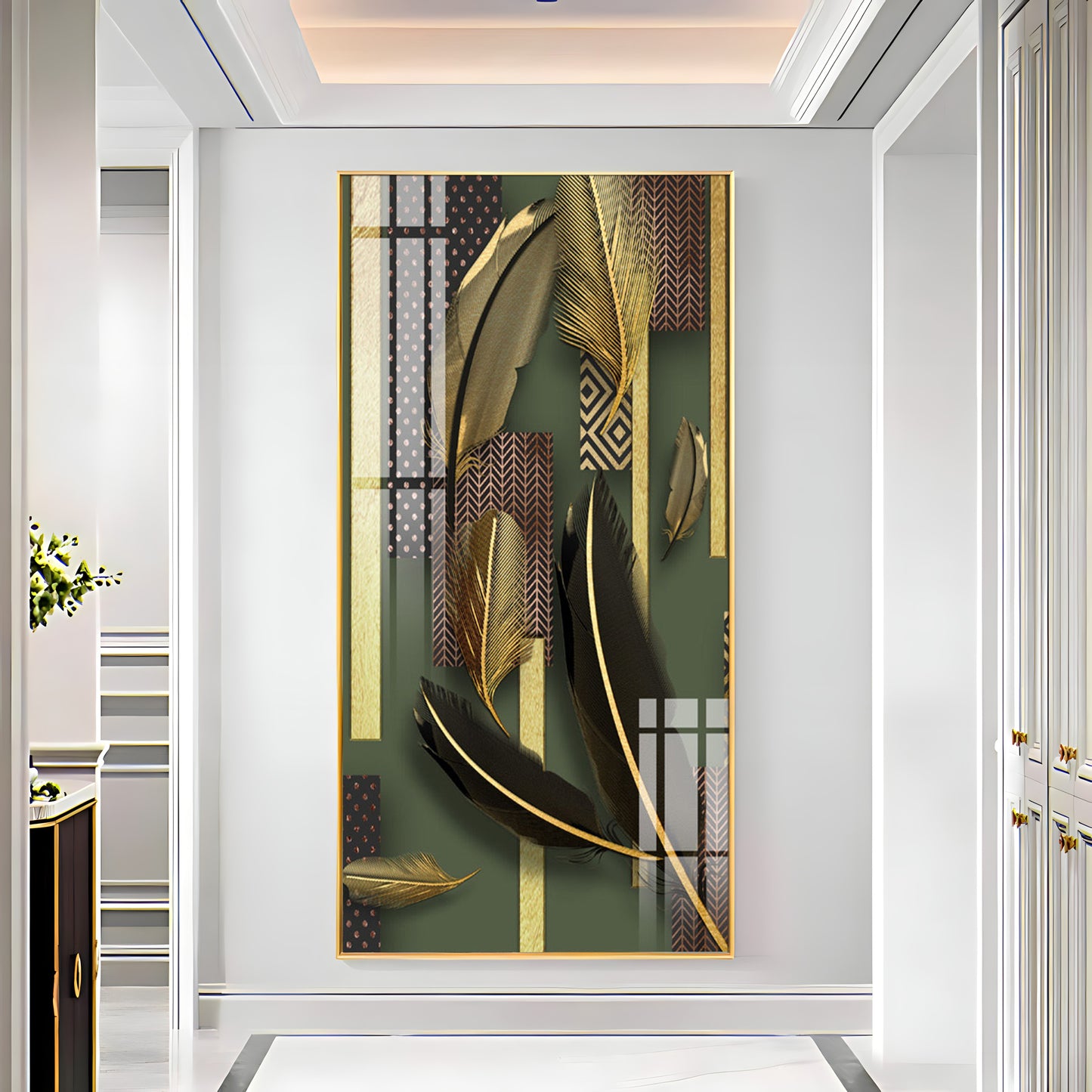 Black & Golden Feathers Premium Acrylic Vertical Wall Art