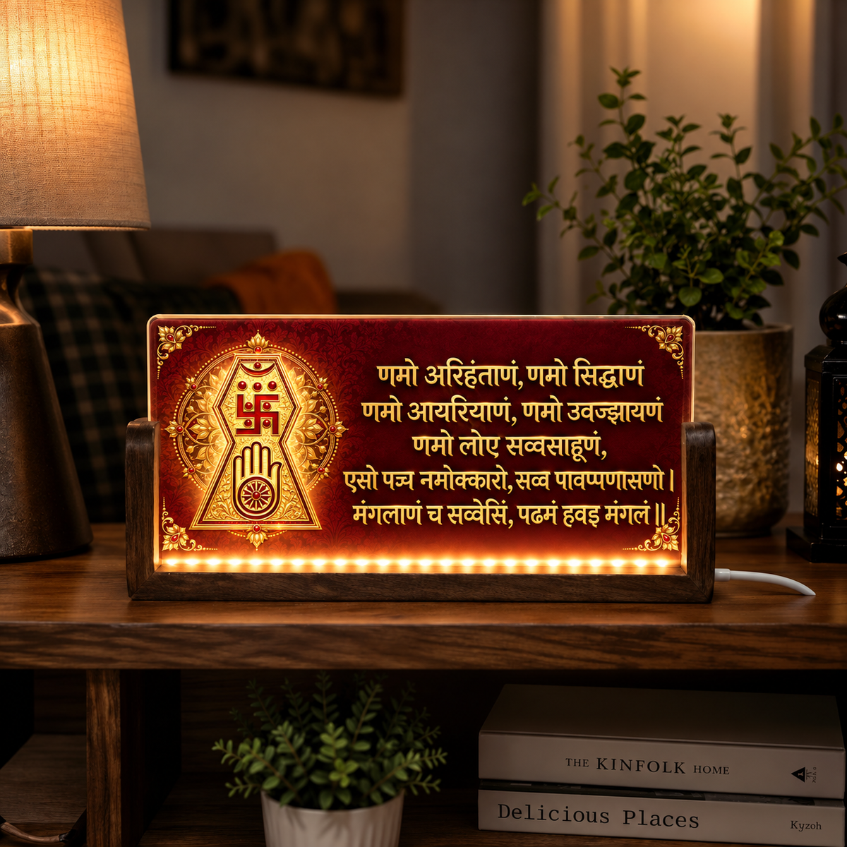 Navkar Jain Mantra Acrylic LED Table Lamp - Wooden Stand