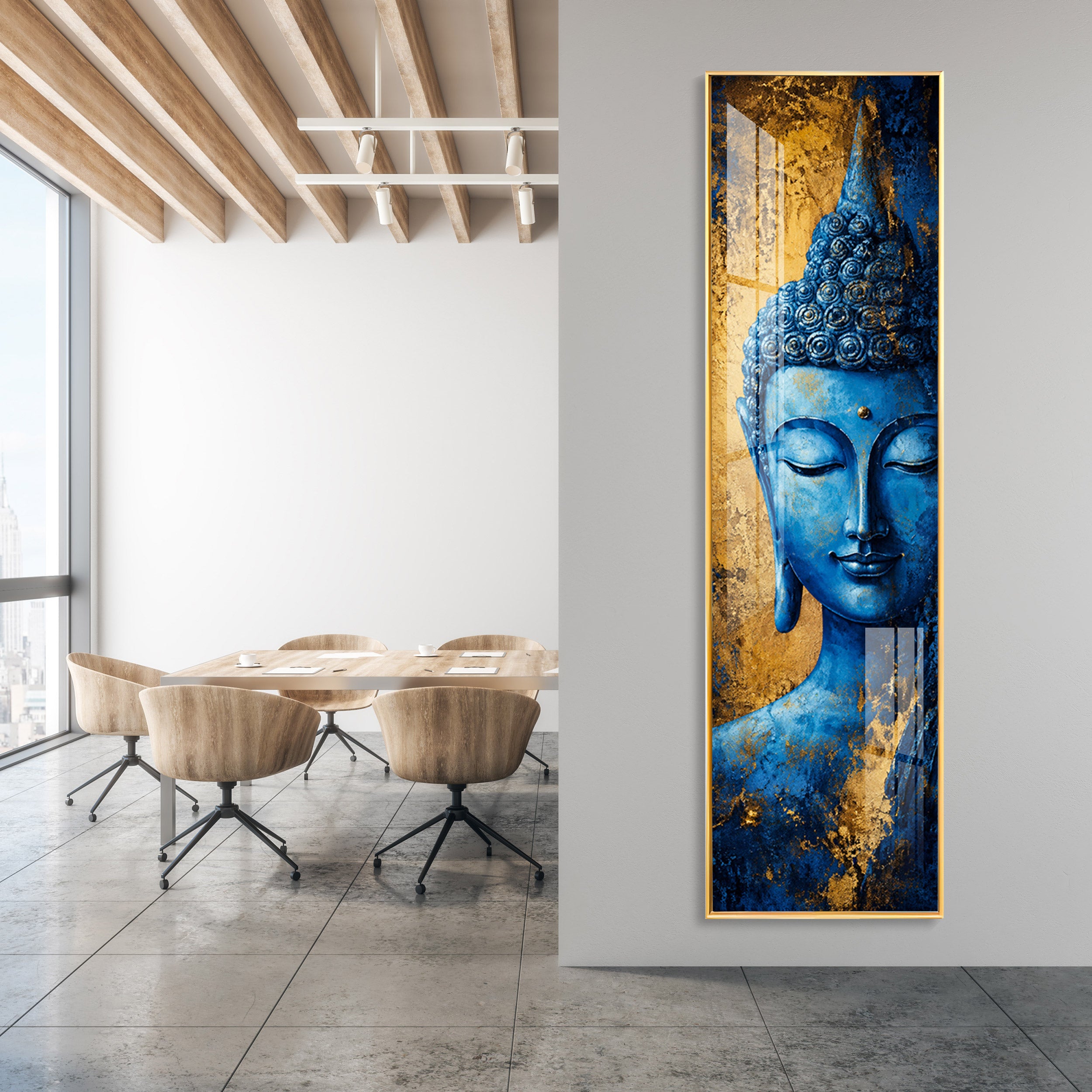 Blue and Gold Meditating Buddha Premium Acrylic Vertical Wall Art