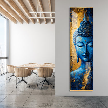 Blue and Gold Meditating Buddha Premium Acrylic Vertical Wall Art