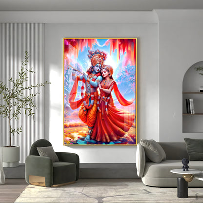 Beautiful Radha Krishna In Red Premium Acrylic Vertical Wall Art