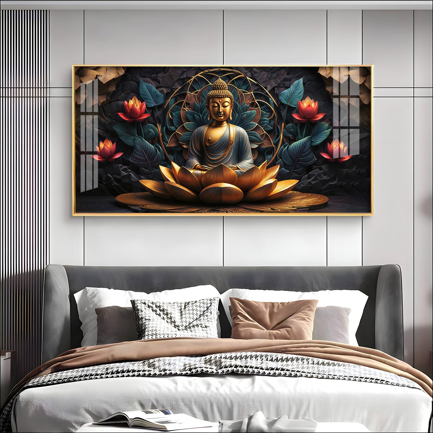 Buddha's Reflection With Sacred Lotus Premium Acrylic Horizontal Wall Art