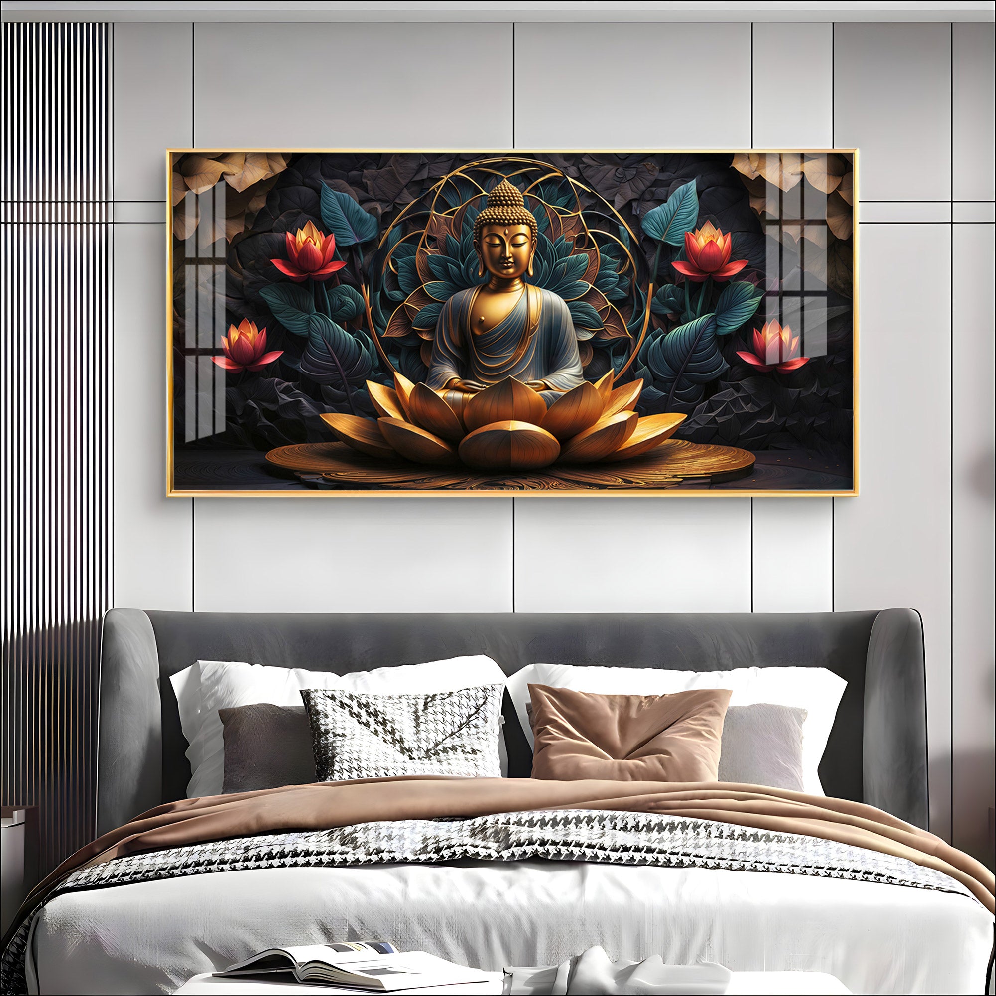 Buddha's Reflection With Sacred Lotus Premium Acrylic Horizontal Wall Art