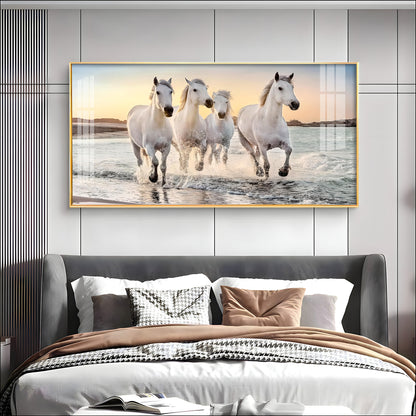 White Running Horses in The Sea Premium Acrylic Horizontal Wall Art