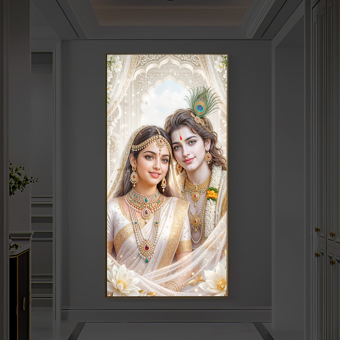 Mystical Love Of Radhe Krishn Modern Luxury Backlight Vertical Wall Art