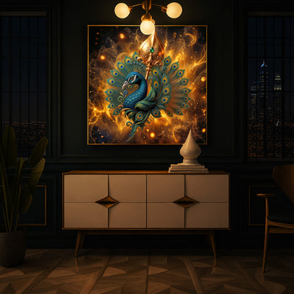 Lord Murugan’s Majestic Peacock Modern Luxury Backlight Square Wall Art
