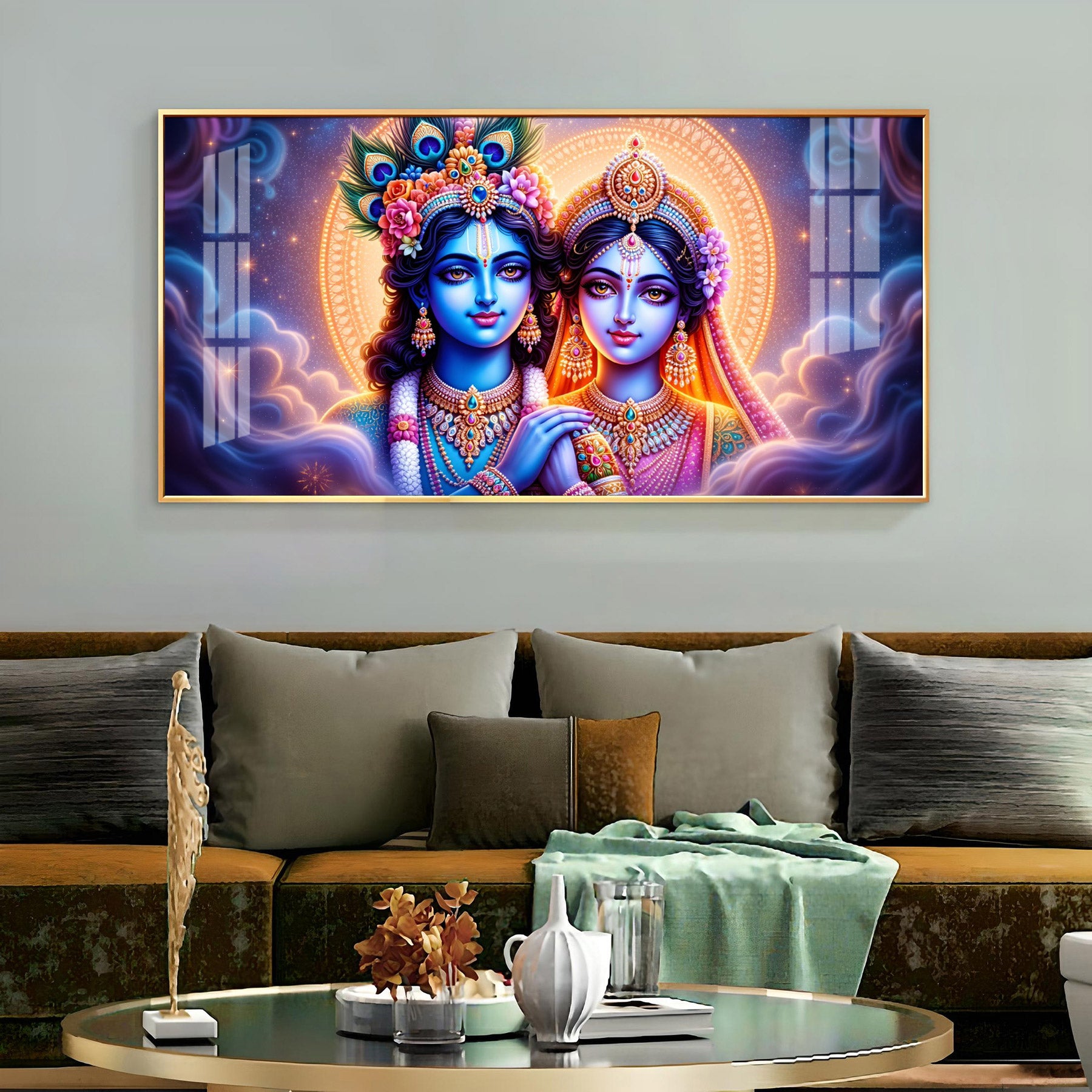 Radha Krishna In Majestic Cloud Premium Acrylic Horizontal Wall Art
