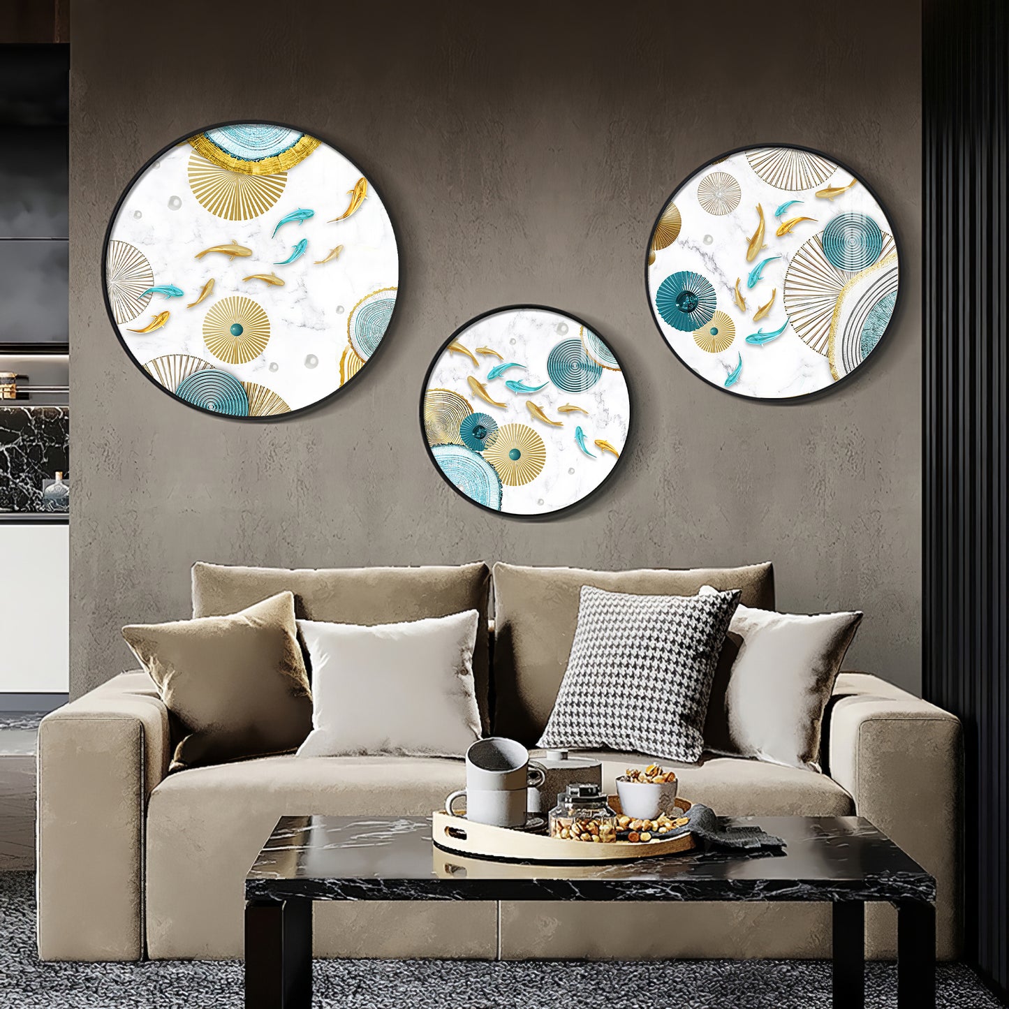 Koi Fish In Blue & Gold Premium Acrylic Round Wall Art (Set of 3)