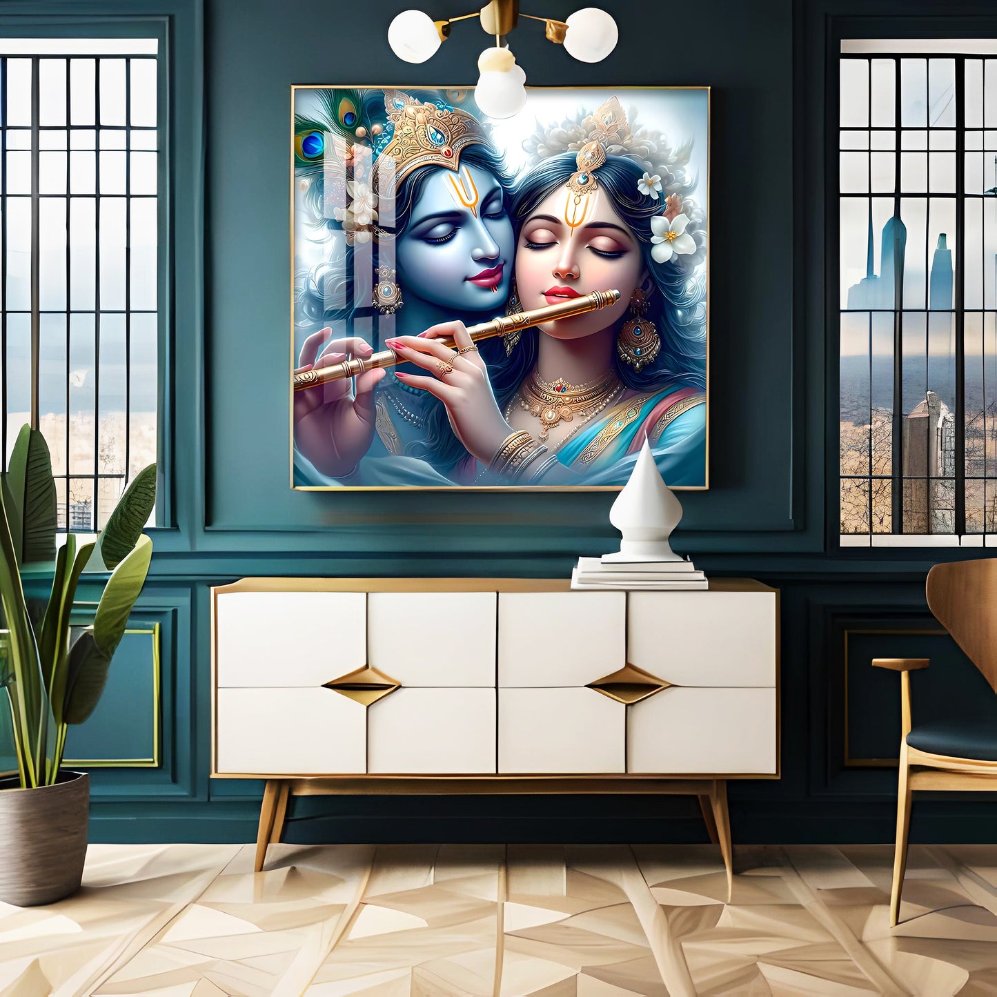 Radha Krishna With Flute Premium Acrylic Square Wall Art