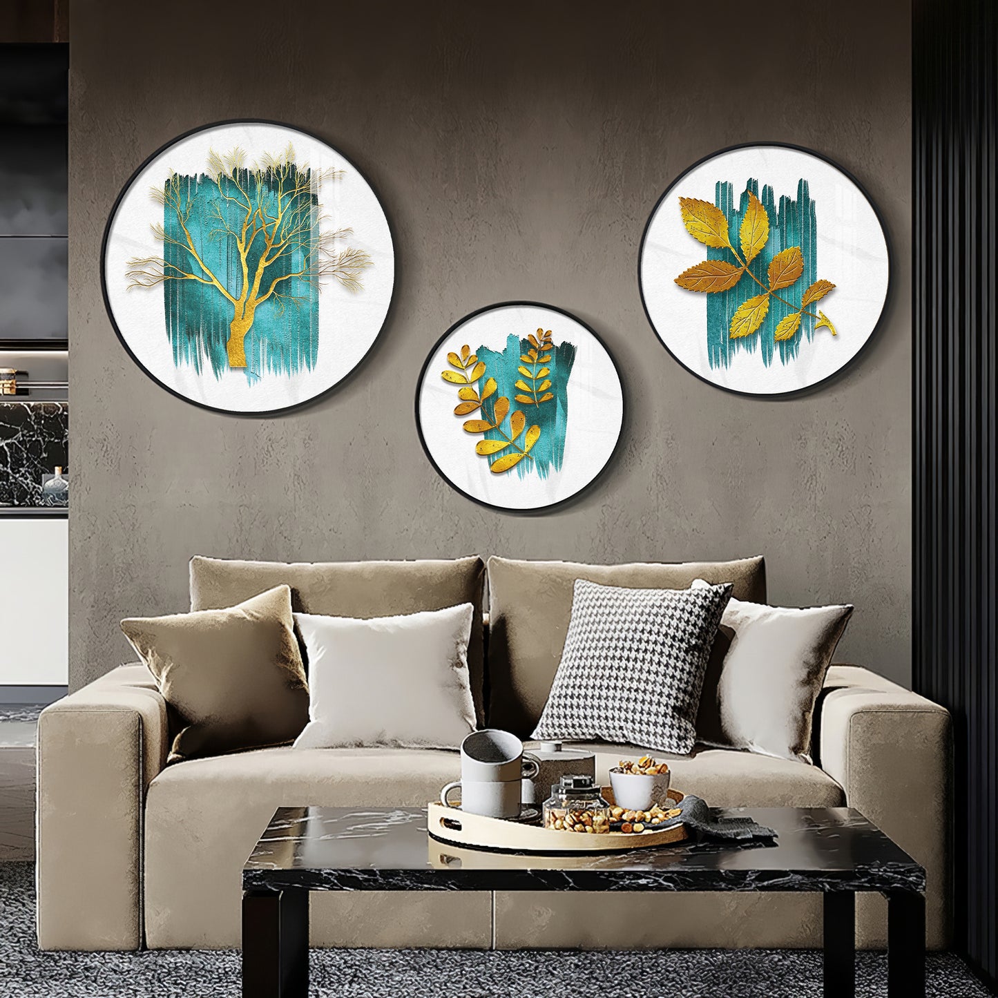 Golden Tree and Leaves Premium Acrylic Round Wall Art (Set of 3)