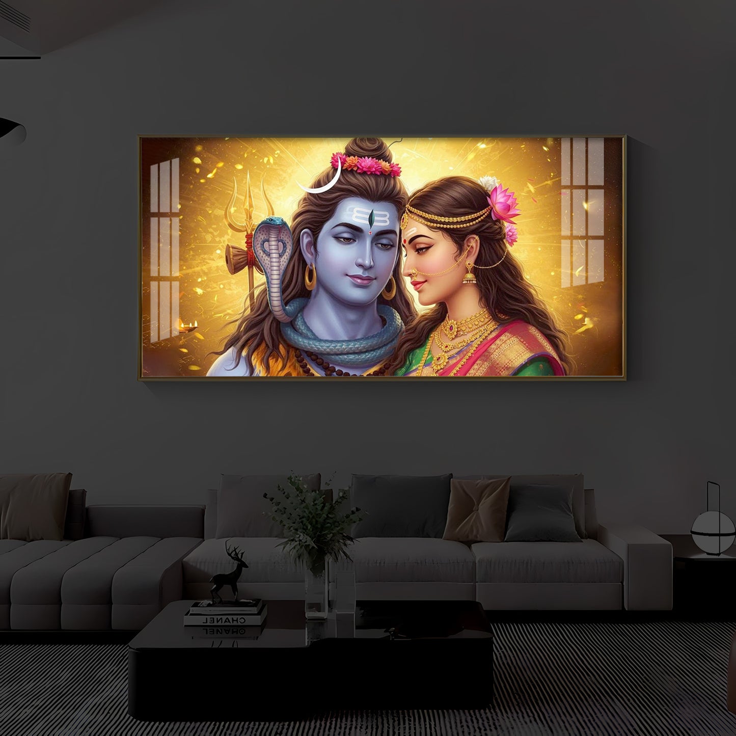 Shiv Parvati Modern Luxury Backlight Horizontal Wall Art