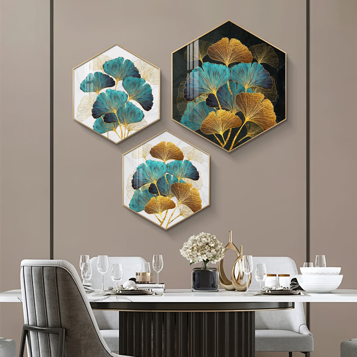 Ginko Leaf Premium Acrylic Hexagon Wall Art (Set of 3)