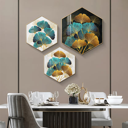 Ginko Leaf Premium Acrylic Hexagon Wall Art (Set of 3)