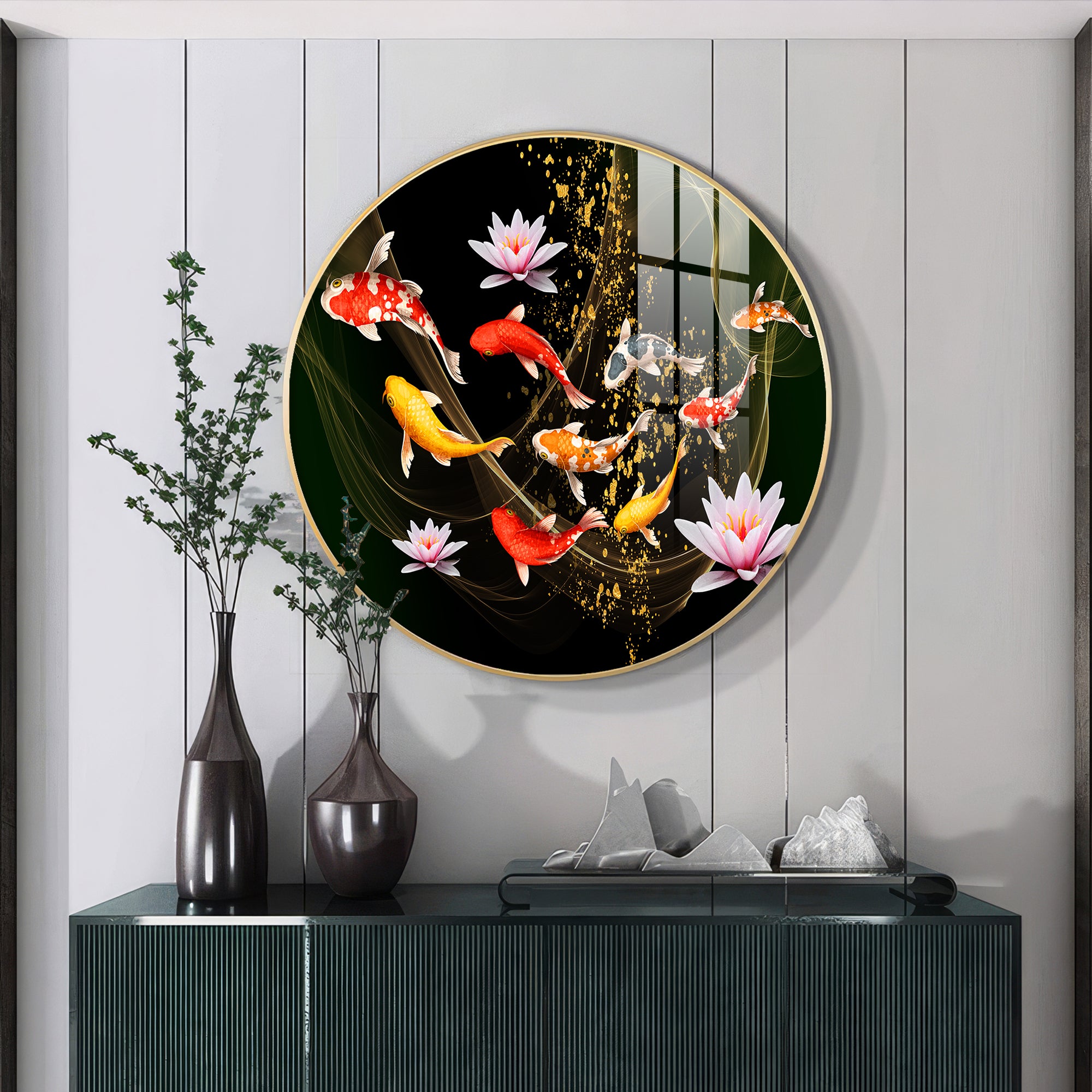 Colorful Koi In Motion Premium Acrylic Round Wall Art