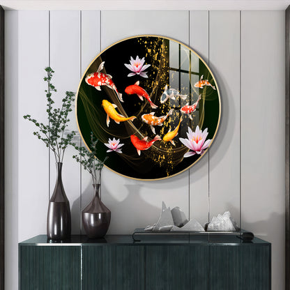 Colorful Koi In Motion Premium Acrylic Round Wall Art