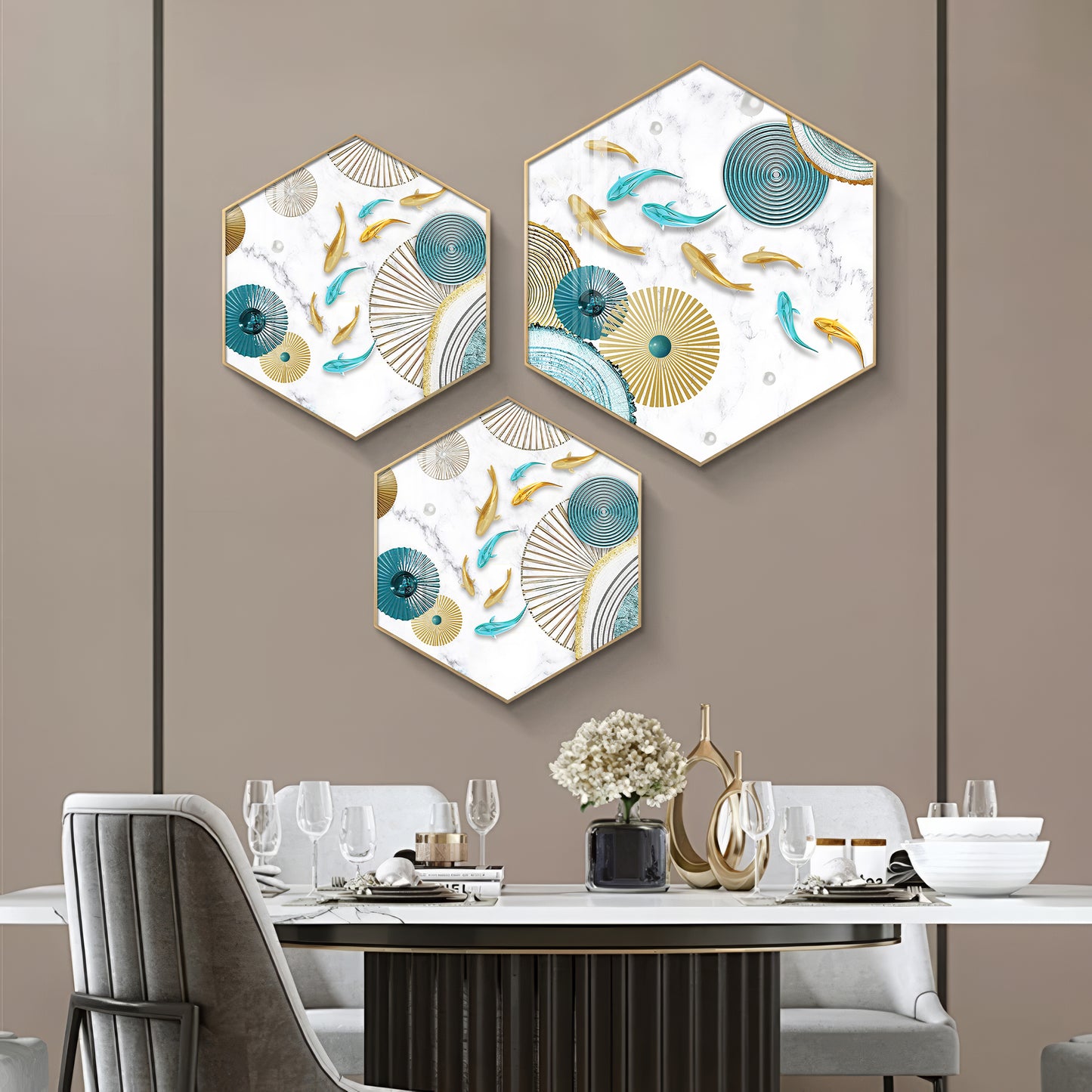Koi Fish In Blue & Gold Premium Acrylic Hexagon Wall Art (Set of 3)