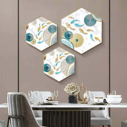 Koi Fish In Blue & Gold Premium Acrylic Hexagon Wall Art (Set of 3)