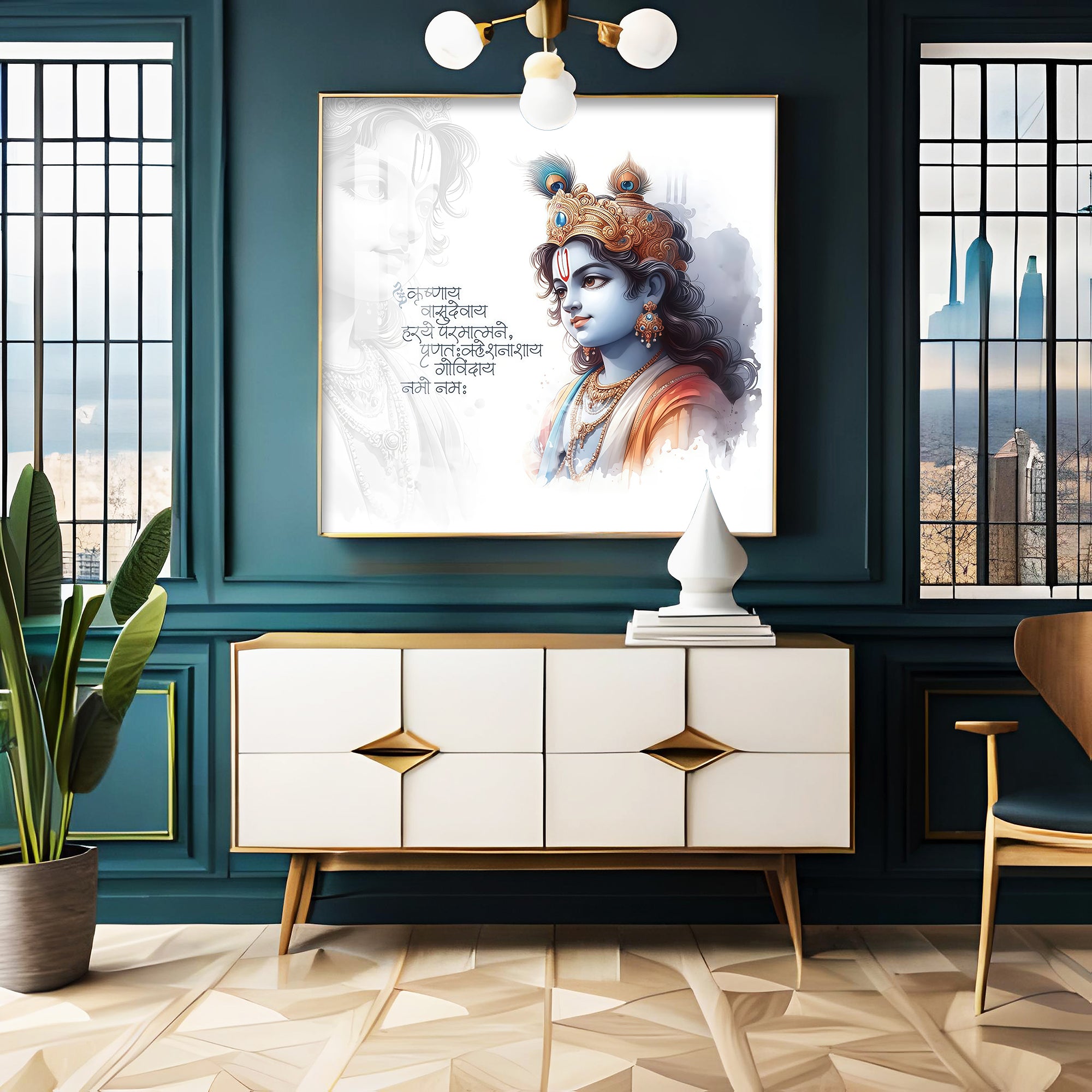 Krishna With Powerful Mantra Premium Acrylic Square Wall Art