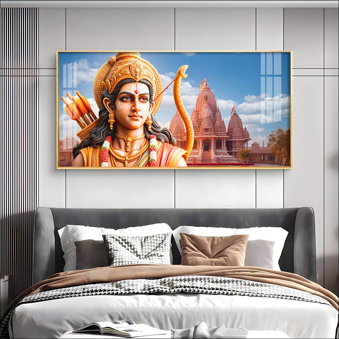 Lord Ram with Ram Mandir Premium Acrylic Horizontal Wall Art