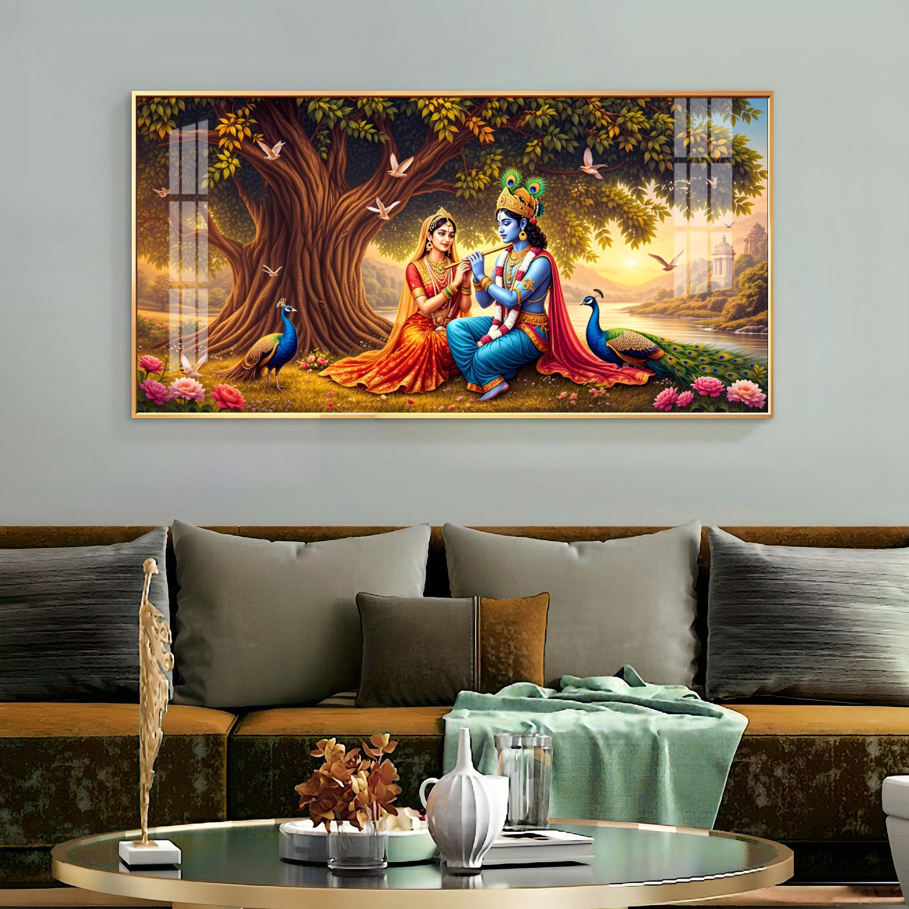 Radha Krishna In Sunset Forest Premium Acrylic Horizontal Wall Art