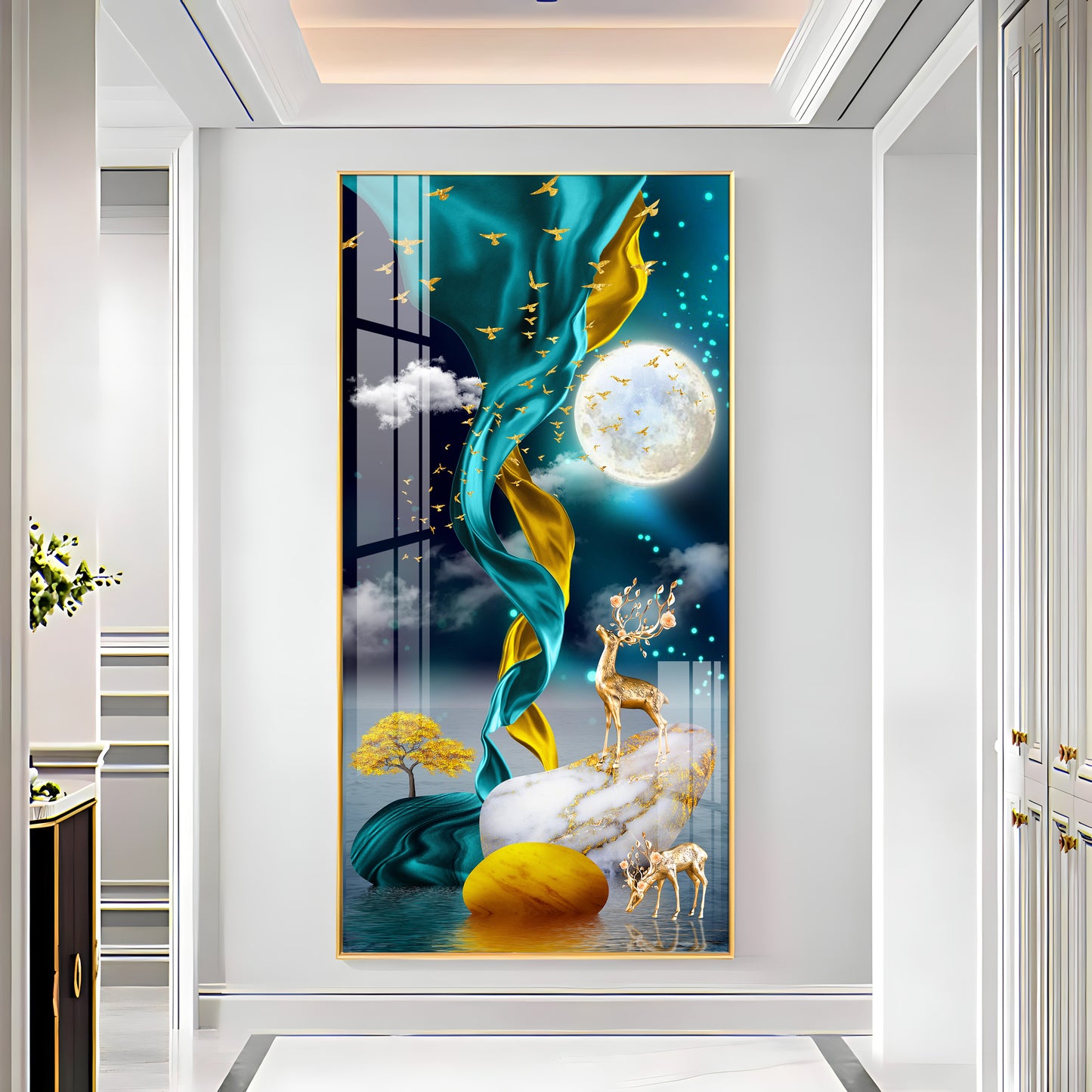 Deers With Full Moon Premium Acrylic Vertical Wall Art