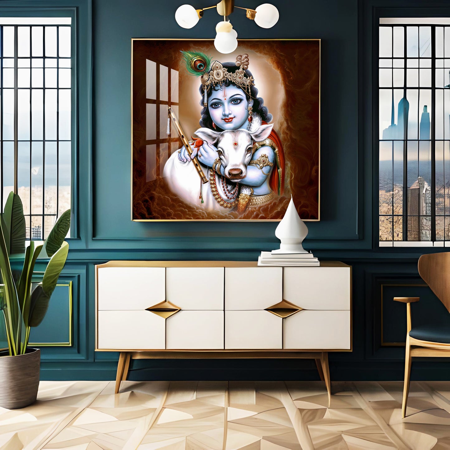 Krishna With Bansuri & Cow Premium Acrylic Horizontal Wall Art