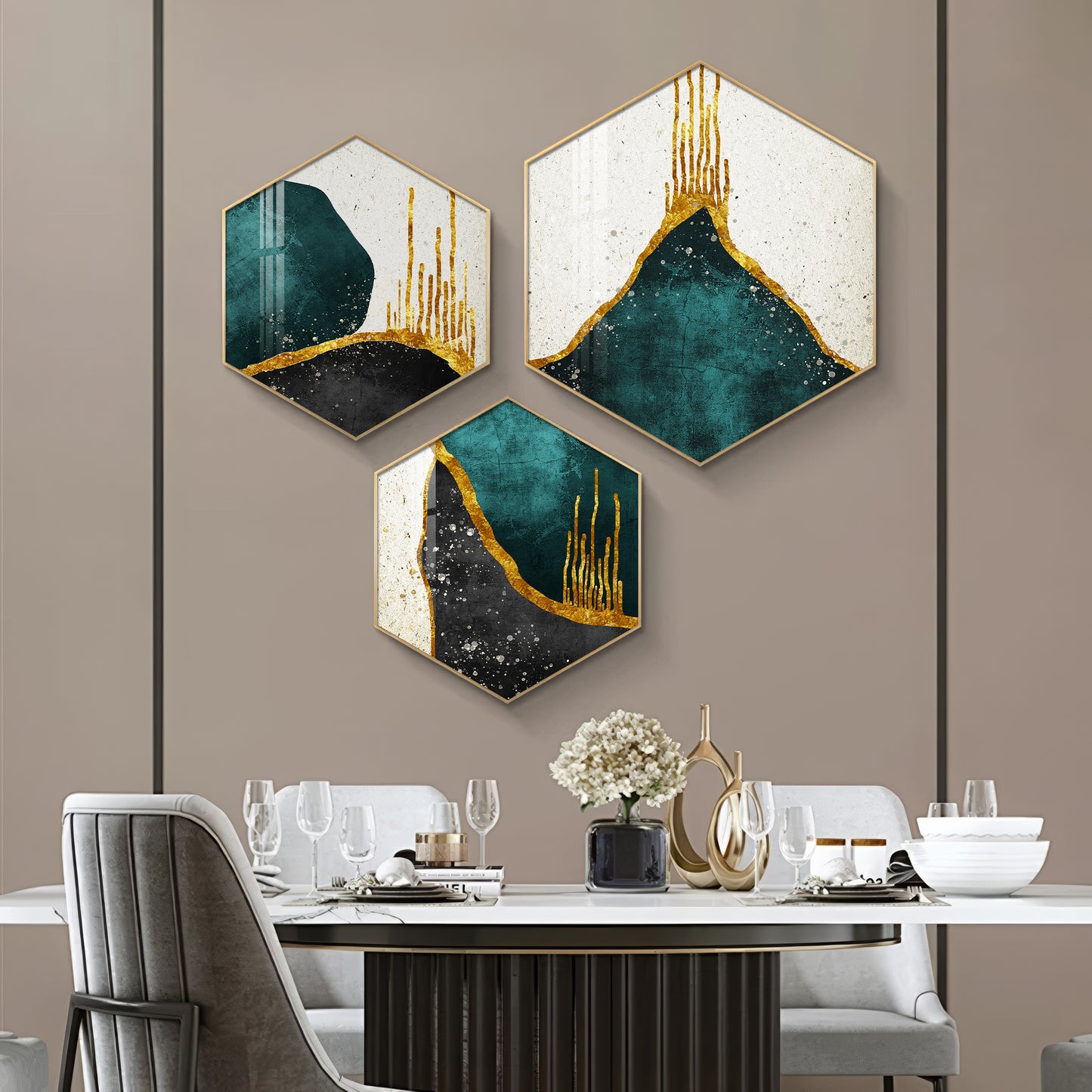 3D Metallic Abstract Premium Acrylic Hexagon Wall Art (Set of 3)