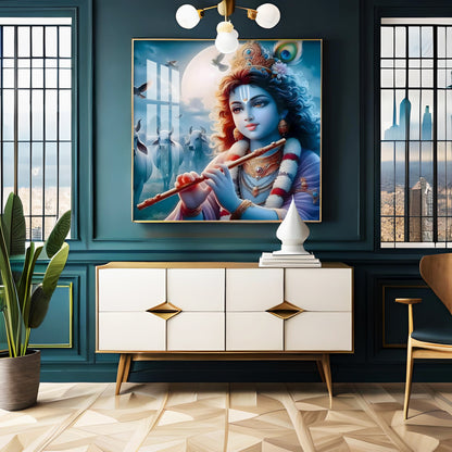 Bal Krishna With Flute Premium Acrylic Square Wall Art