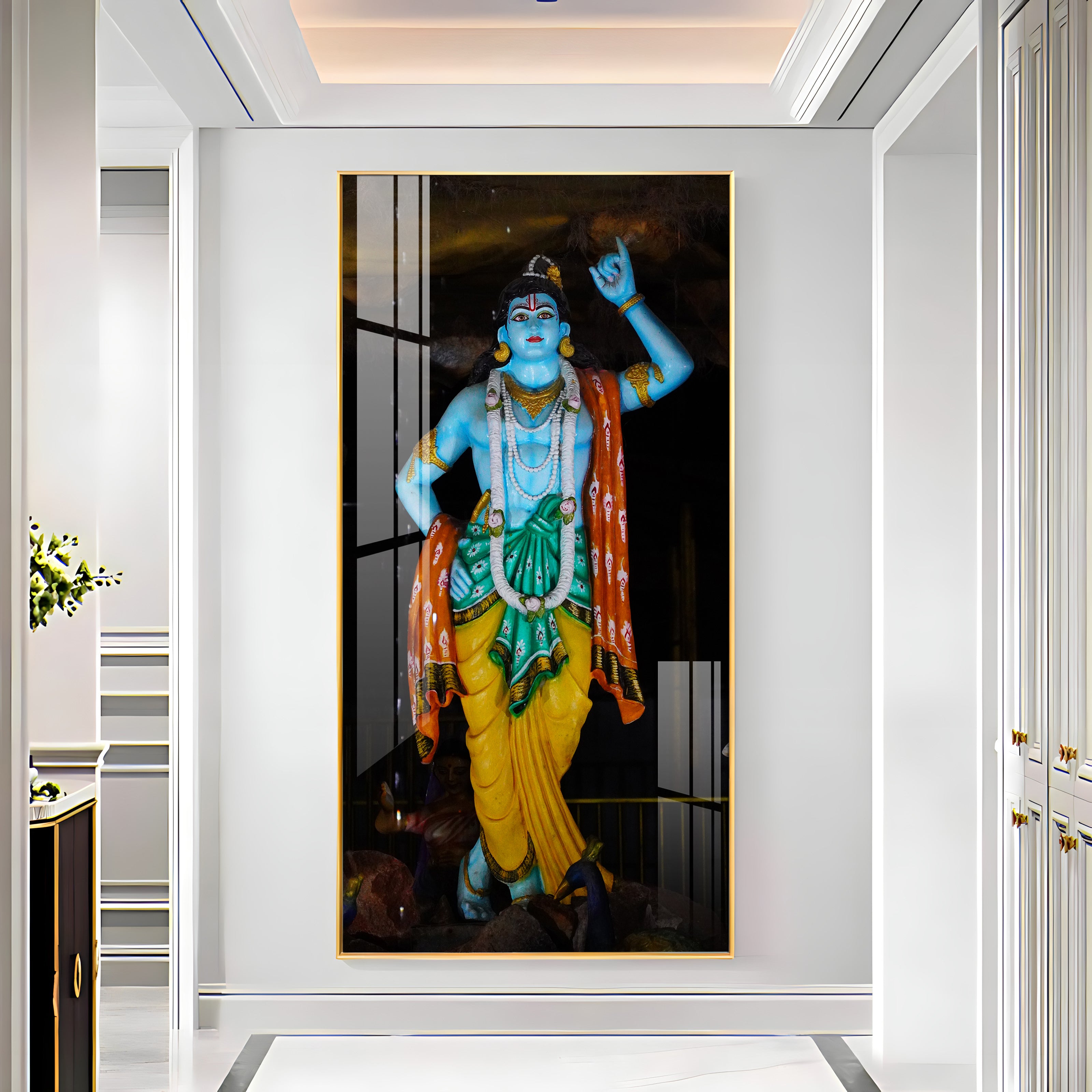 Krishna Lifting Govardhan Parvat Premium Acrylic Vertical Wall Art