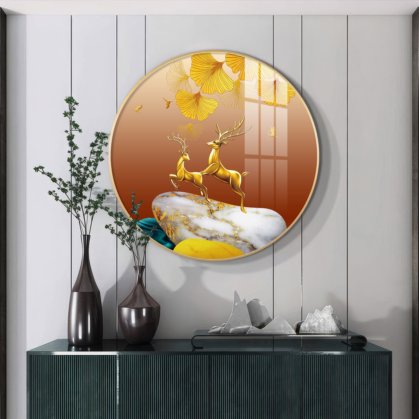 Golden Deer Duo Premium Acrylic Round Wall Art