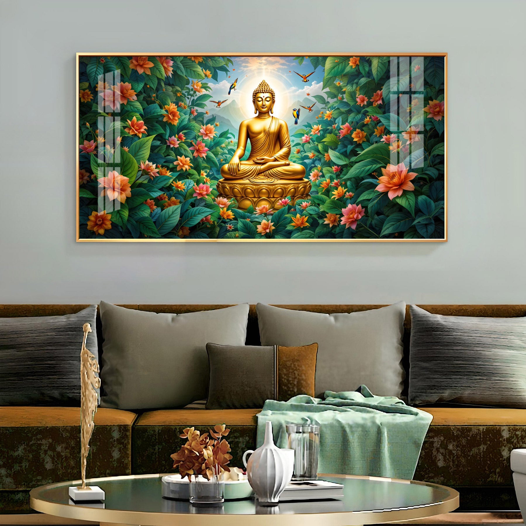 Mindful Living Buddha With Flower Premium Acrylic Horizontal Wall Art