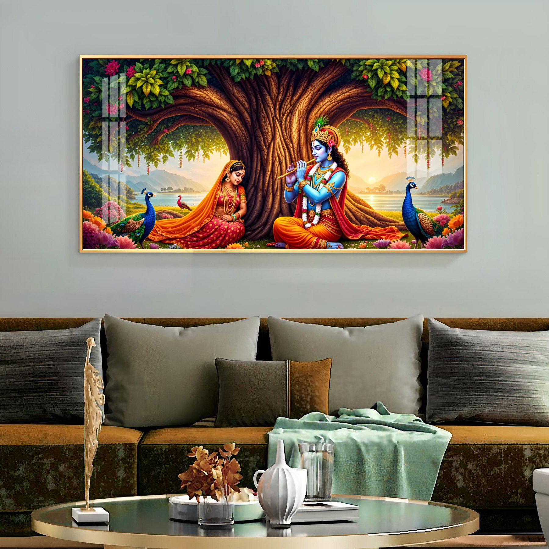 Krishna Playing Flute Under Tree Premium Acrylic Horizontal Wall Art