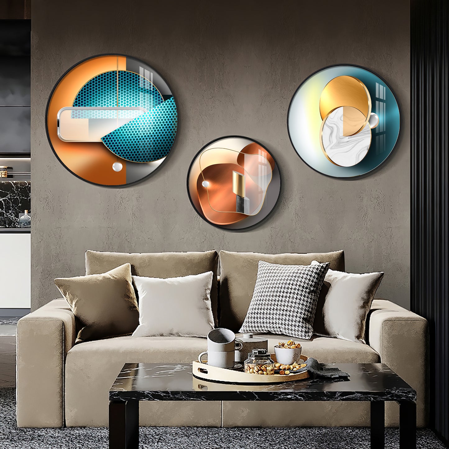 Semi Circle Abstract Premium Acrylic Round Wall Art (Set of 3)