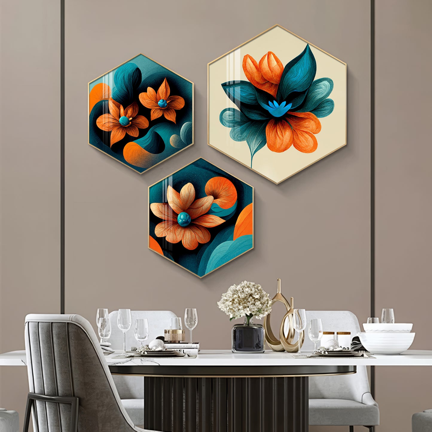 Colorful Flower Premium Acrylic Hexagon Wall Art (Set of 3)