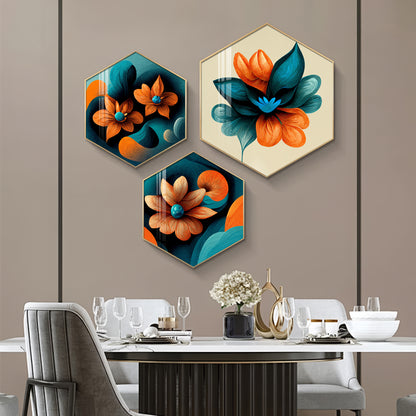 Colorful Flower Premium Acrylic Hexagon Wall Art (Set of 3)