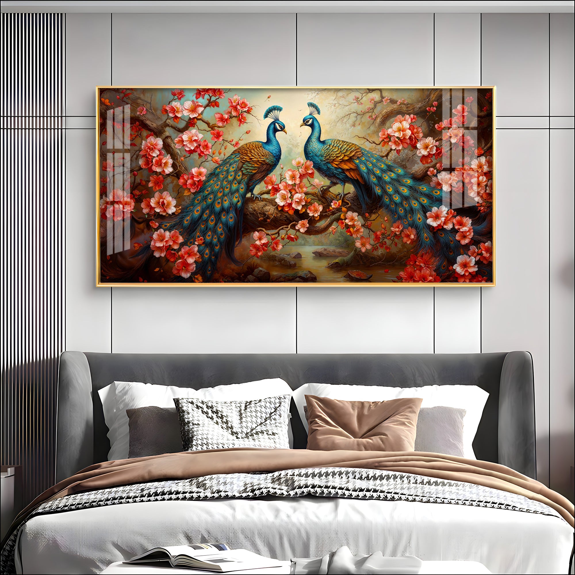 Regal Feathers With Red Blossom Premium Acrylic Horizontal Wall Art