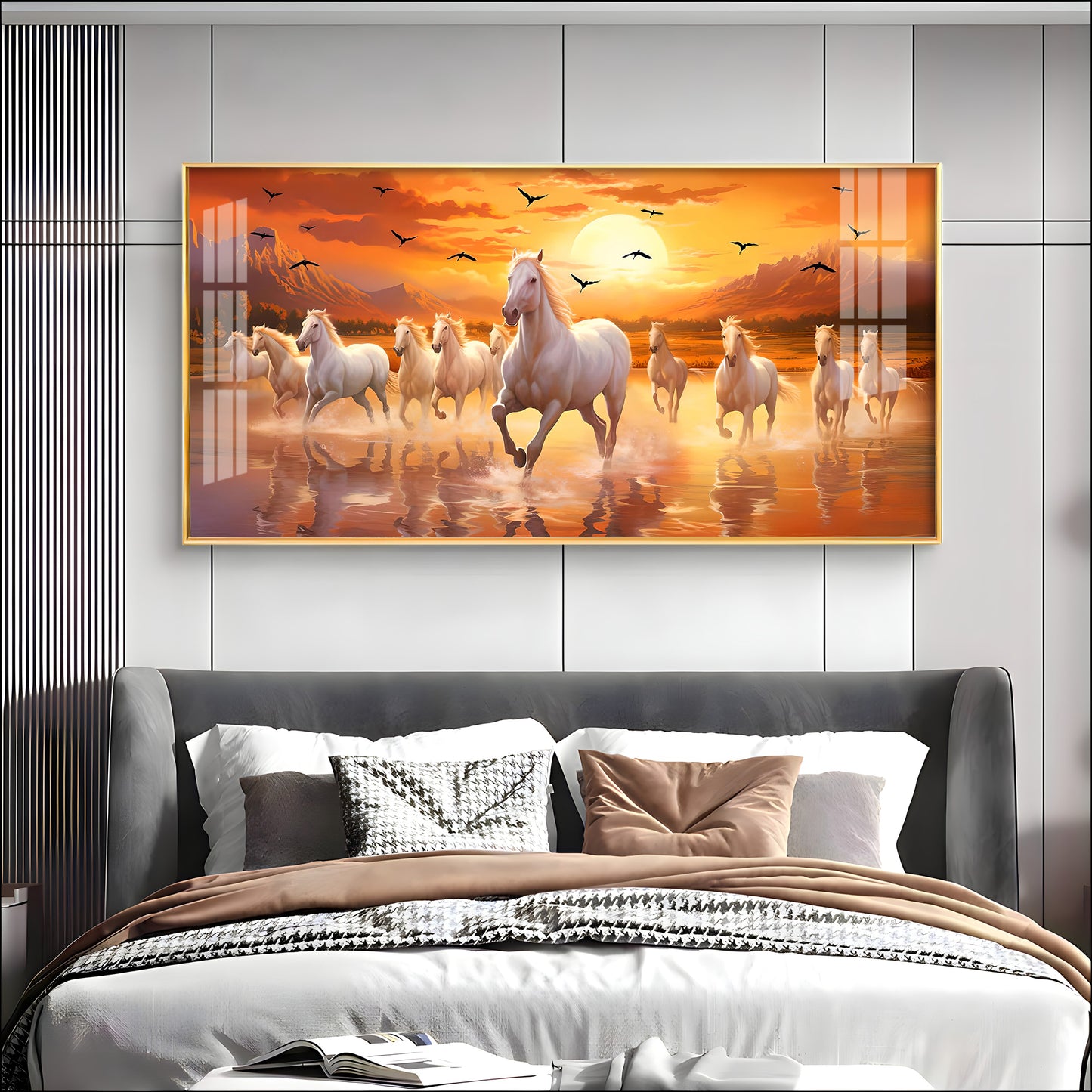 White Running Horses With Sunrise Premium Acrylic Horizontal Wall Art