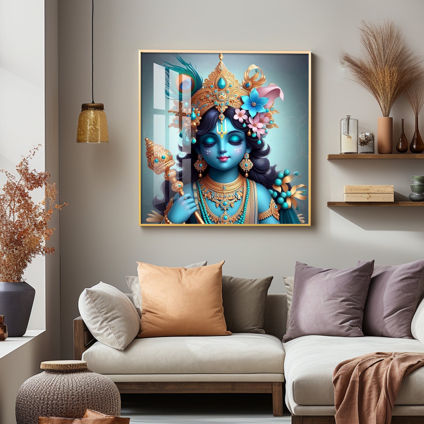 Beautiful Lord Krishna with Flute Premium Acrylic Square Wall Art