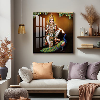 Lord Murugan With Peacock Premium Acrylic Square Wall Art