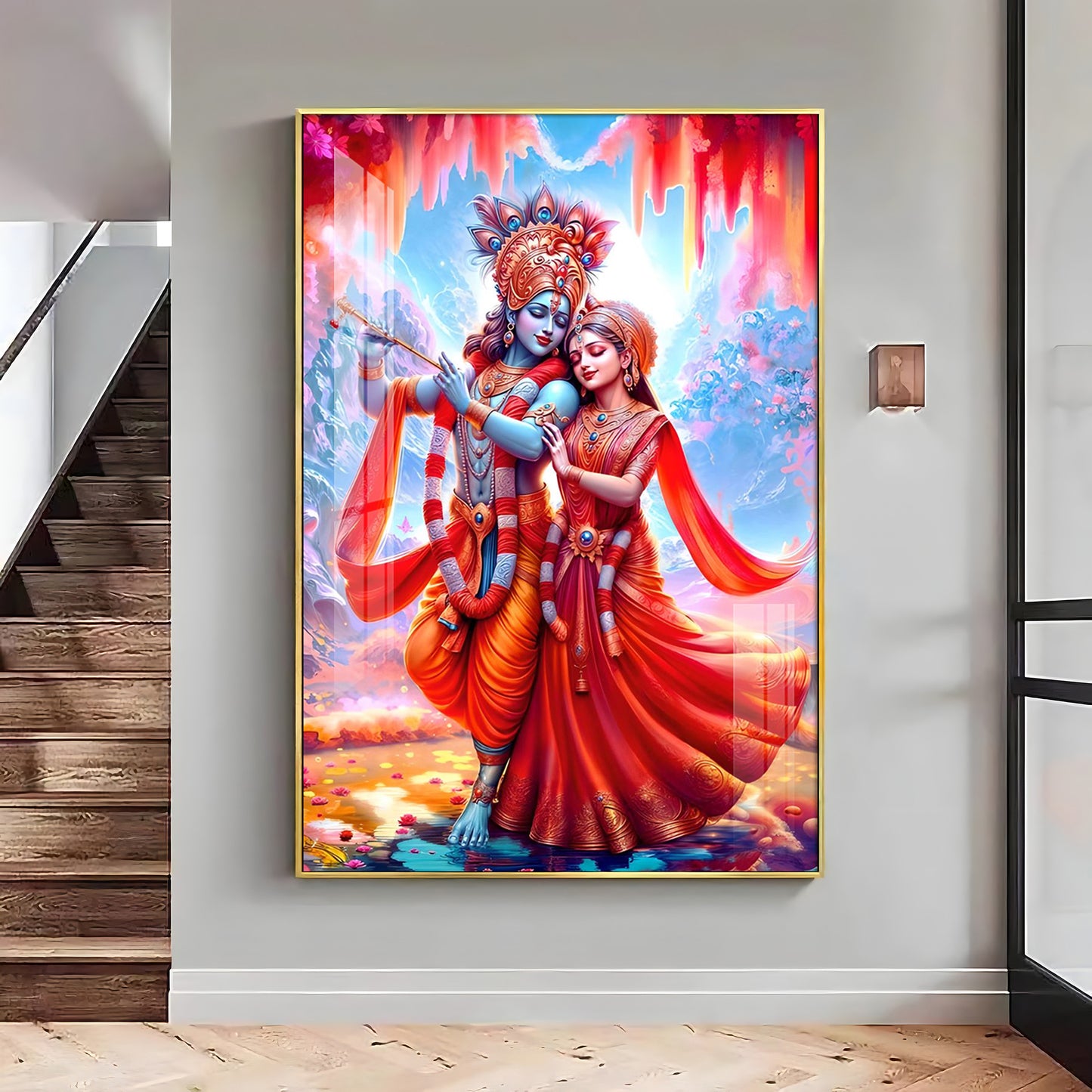 Beautiful Radha Krishna In Red Premium Acrylic Vertical Wall Art