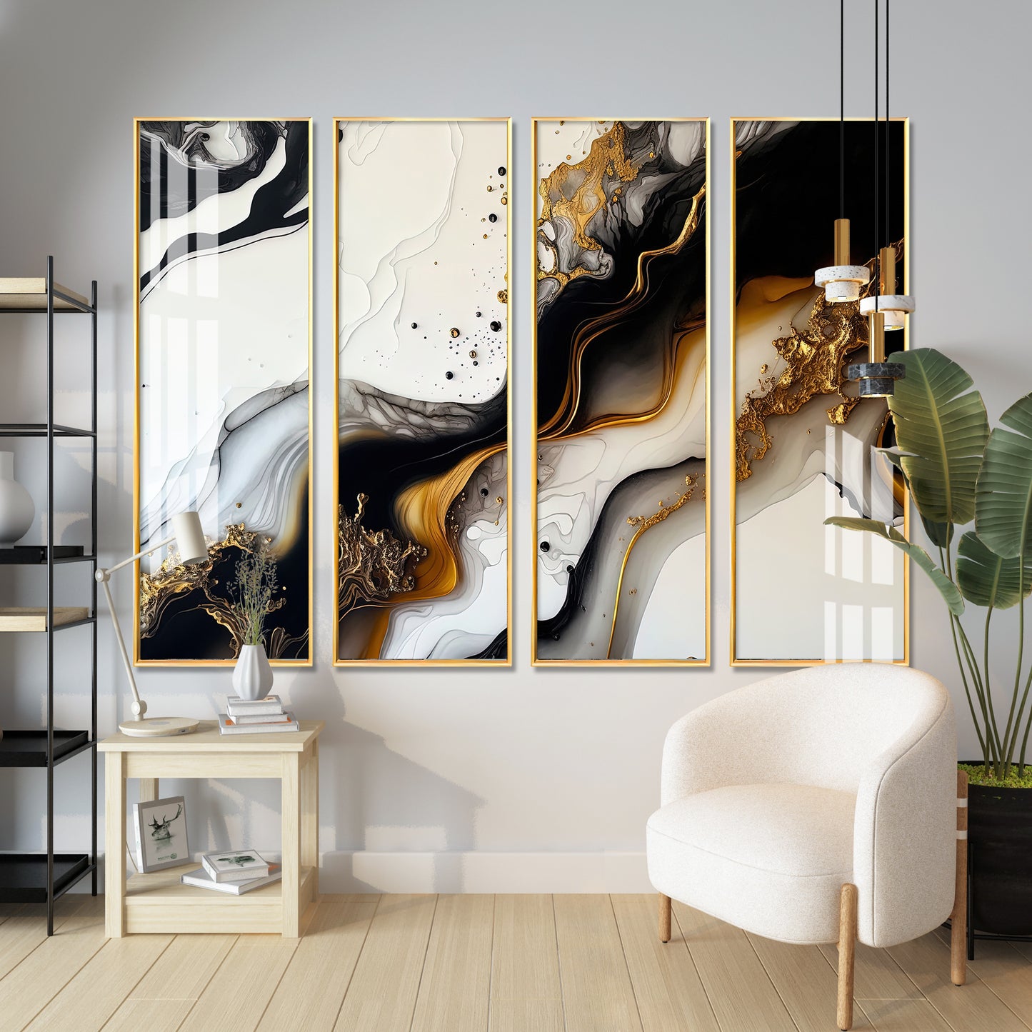 Black & Golden Splash Premium Acrylic Vertical Wall Art (set of 4)