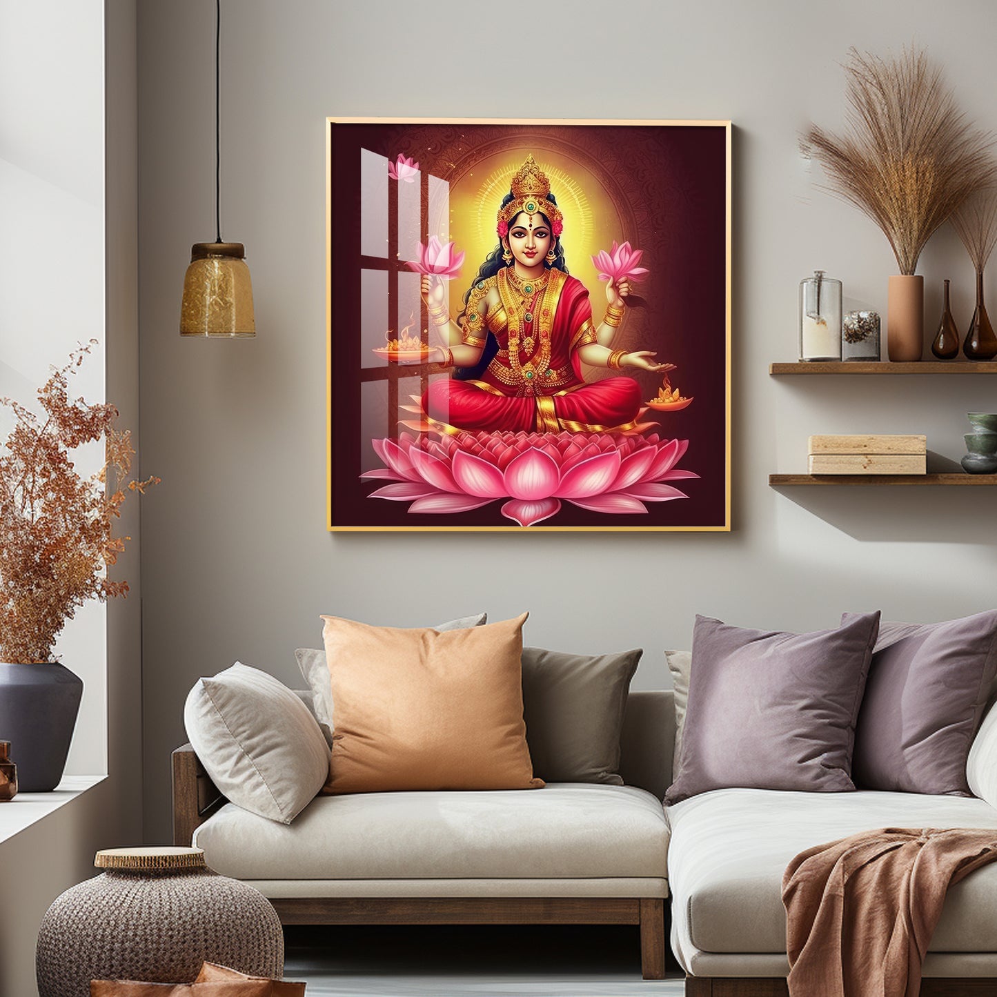 Laxmi Maa With Lotus Premium Acrylic Square Wall Art