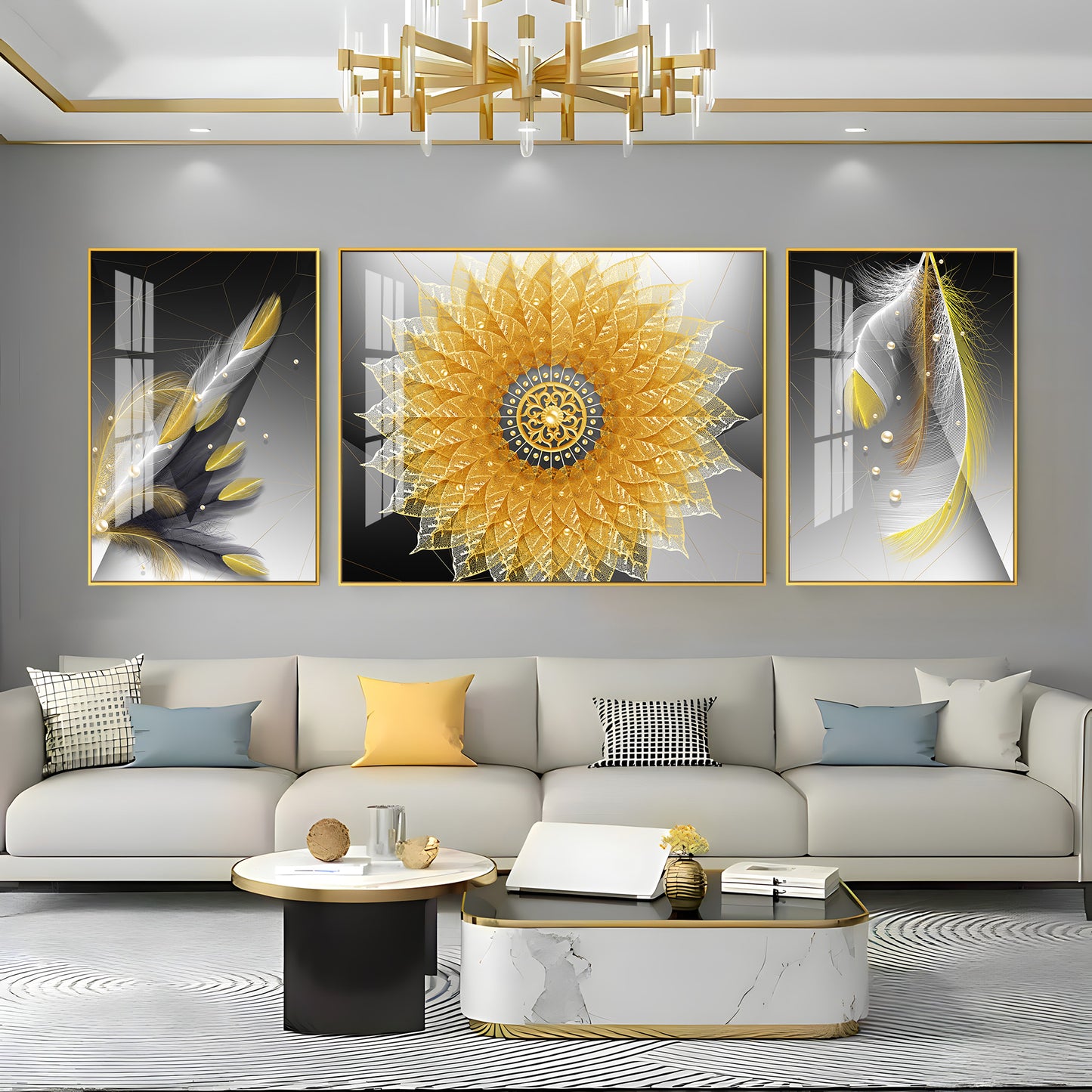 Golden Mandala With Feathers Premium Acrylic Wall Art (Set of 3)