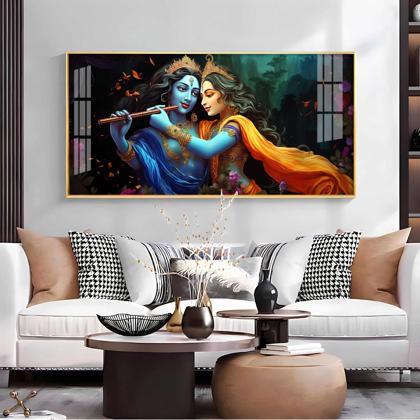 Radha Krishna Playing Bansuri Premium Acrylic Horizontal Wall Art