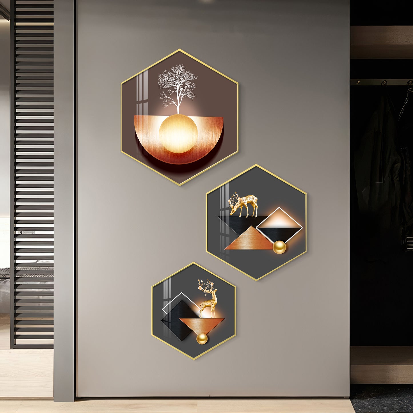 A Hoping Reindeer Premium Acrylic Hexagon Wall Art (Set of 3)