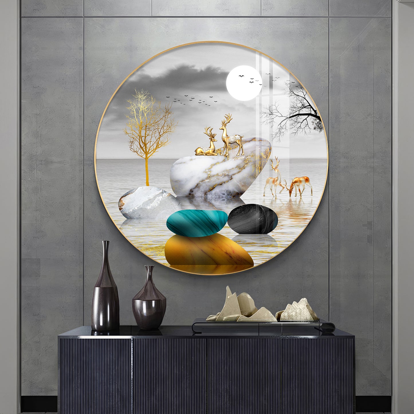 Deer And Stone Premium Acrylic Round Wall Art