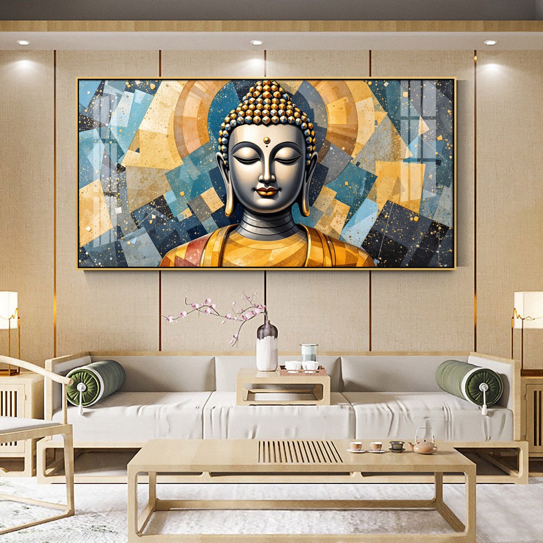 Abstract Buddha Face Portrait Premium Acrylic Horizontal Wall Art