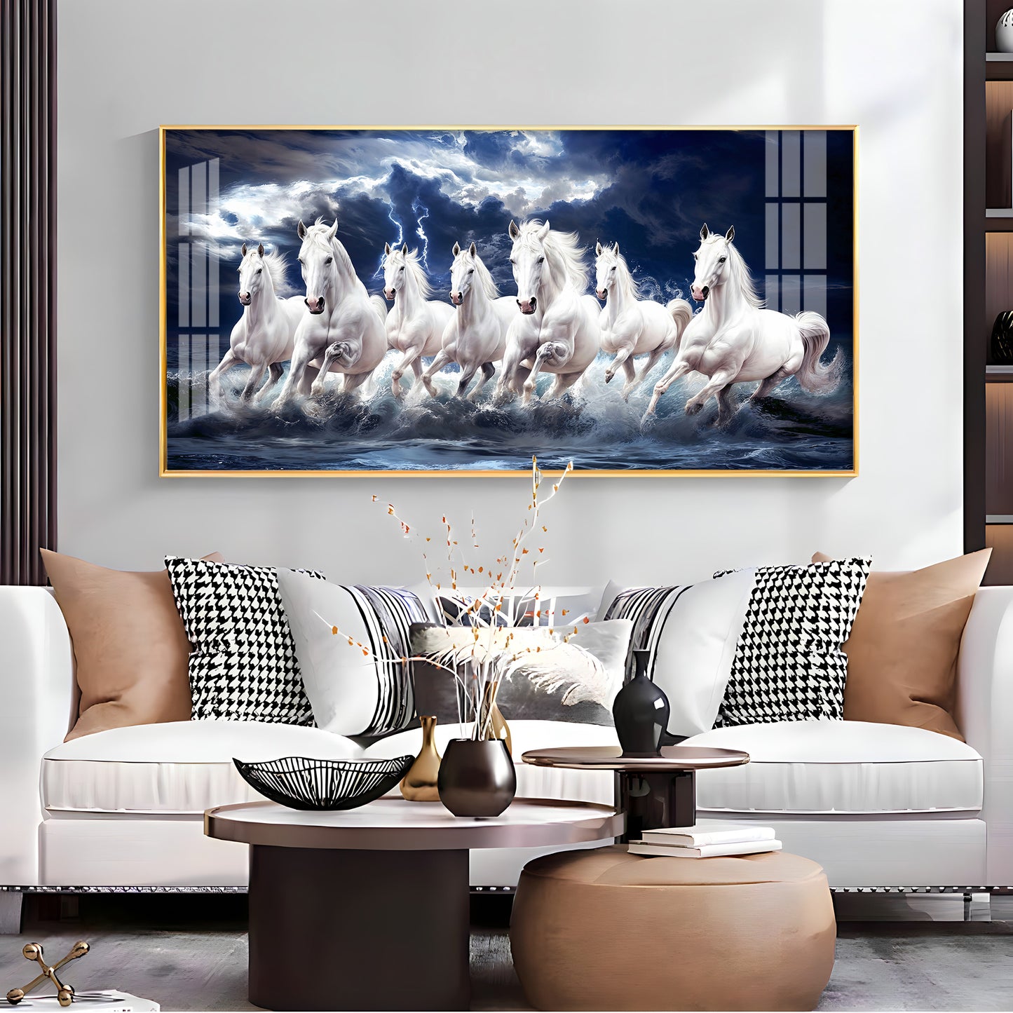 Seven White Horses Gallop In the Sea Premium Acrylic Horizontal Wall Art