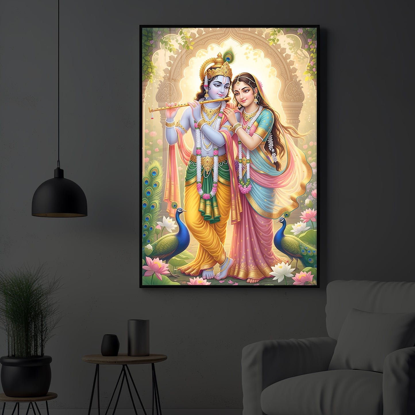 Loving Shri Radhe Krishna Modern Luxury Backlight Vertical Wall Art